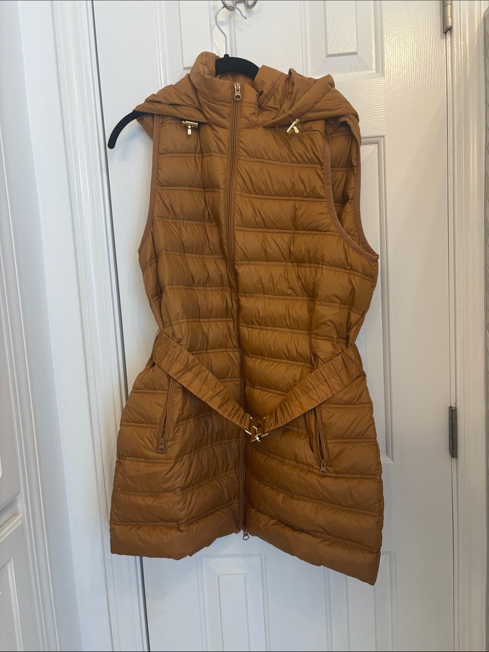 Lands' End Quilted Hooded Puffer Vest - camel colored